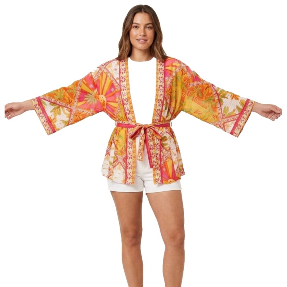 Haute Hippie Kimono Small Tropical Boho Pineapple Tie Wrap Tunic Beach | NWOT